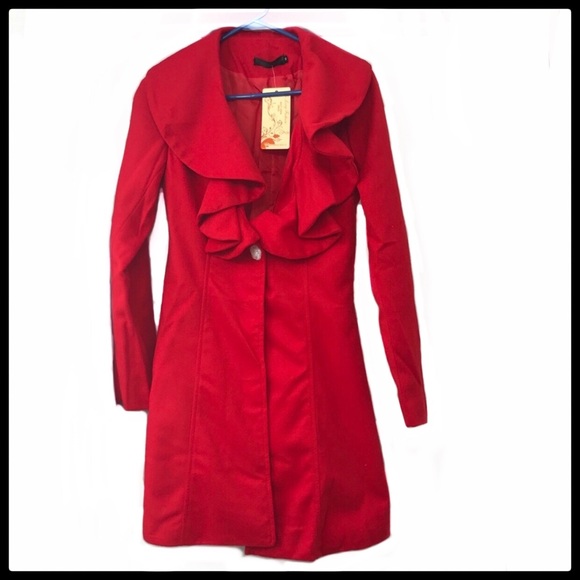 Jackets & Blazers - Women’s Ruffled Lapel Red Trench Coat